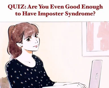 cartoon woman sitting at laptop with quiz about imposter syndrome