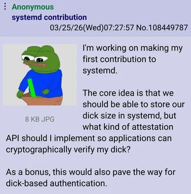 Pepe the Frog with a confused expression, symbolizing a humorous take on a developer's contribution to systemd