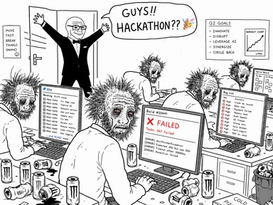 Cartoon illustration of a group of disheveled developers reacting to a manager suggesting a hackathon, with computers displaying error messages and a chaotic workspace.