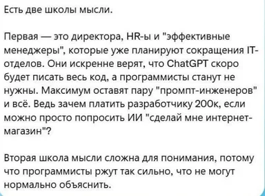 Two thought schools about ChatGPT and programmers