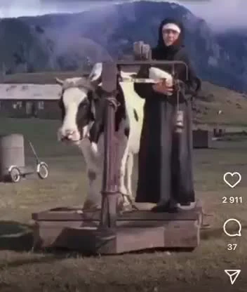 AI-generated video of a nun operating a milking machine on a cow in a field.