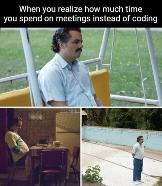 Man with mustache sitting on a swing, then at a laptop desk, then standing by a pool, captioned about realizing how much