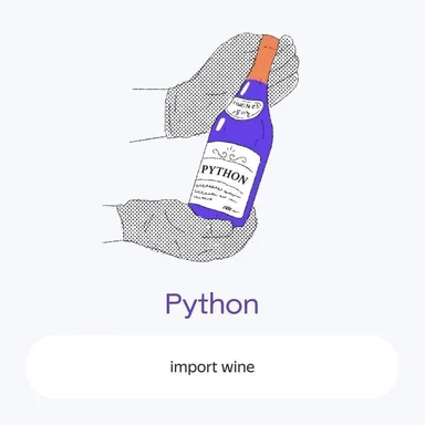 a purple wine bottle labeled 'PYTHON' with a code import prompt below