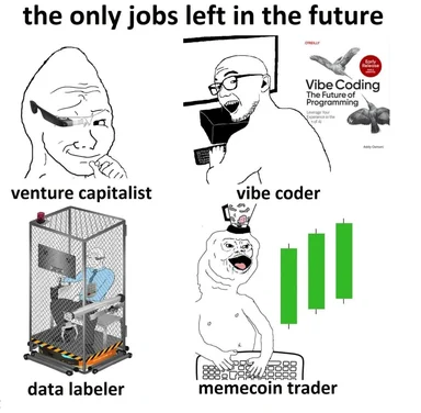 Four-panel comic titled 'the only jobs left in the future' showing a smug venture capitalist, a vibe coder holding an