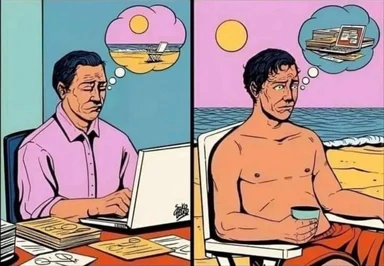 cartoon man daydreaming of beach while working on laptop