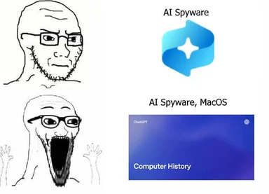 Rage comic character with glasses and stubble calm at first, then screaming in horror next to a ChatGPT window titled