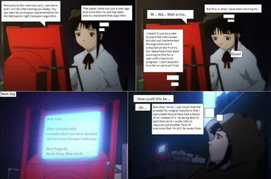 Comic strip of a developer interview where the candidate implements the Metropolis light transport algorithm but is rejected due to a minor error in the probability integral.