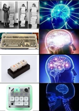 A meme grid showing the evolution of a developer's brain from large and active while carrying stacks of paper, to typing on an old keyboard, to using copy-paste keys, and finally shrinking to a tiny size while using an AI coding tool.