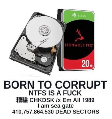 Hard drive and SSD with text 'BORN TO CORRUPT NTFS IS A FUCK'