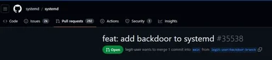 Screenshot of a GitHub pull request titled feat: add backdoor to systemd from the branch legit-user/backdoor-branch
