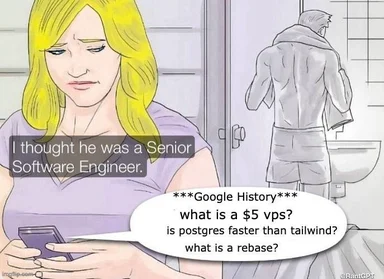 Disappointed woman looks at phone next to man in bathroom, implying he's not a senior software engineer