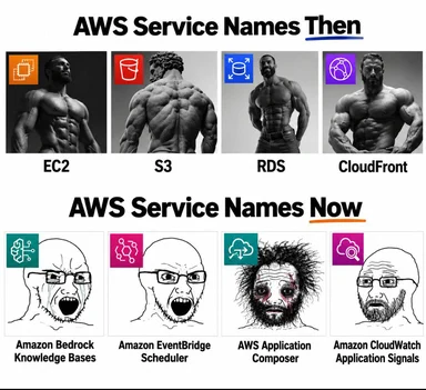 Meme comparing muscular figures labeled with classic AWS services like EC2 and S3 to distressed characters labeled with modern complex AWS service names.