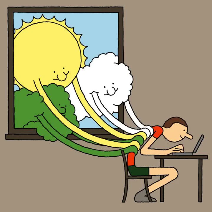 cartoon man distracted by sunny day outside while working on laptop