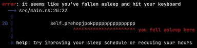 Rust compiler error screenshot showing main.rs line 20 with gibberish code and a message about falling asleep and hitting the keyboard.