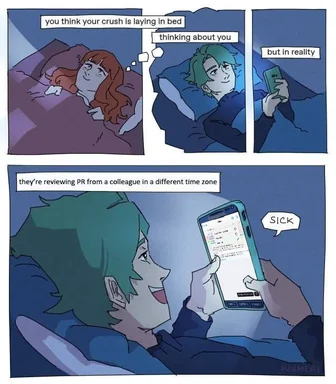 cartoon man reviews pull request on phone at night