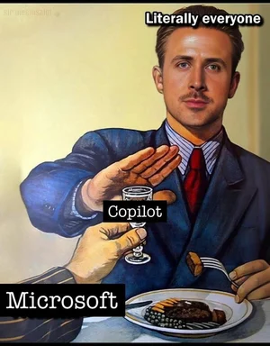 Meme of man rejecting a glass of wine labeled Copilot offered by Microsoft