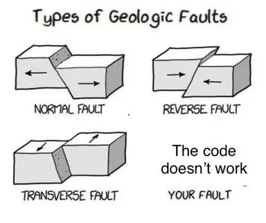 Diagram showing types of geologic faults with a punchline stating the code doesn't work is your fault