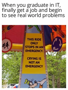 Goofy cartoon character looking shocked with a sign that reads 'THIS RIDE ONLY STOPS IN AN EMERGENCY. CRYING IS NOT AN EMERGENCY'