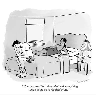 Black-and-white New Yorker-style cartoon of a stressed man sitting on the edge of a bed with his head in his hands while a