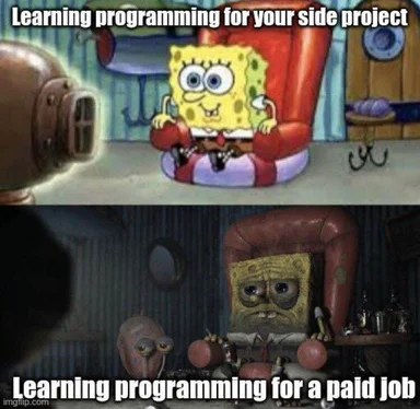 SpongeBob SquarePants meme comparing learning programming for a side project versus a paid job