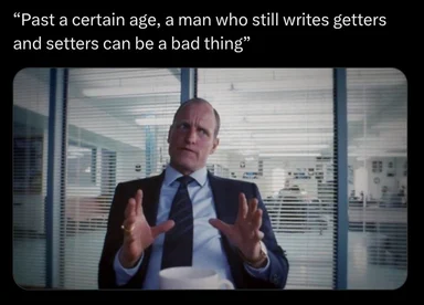 Man in a suit gesturing with a coffee cup with text about writing getters and setters.