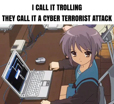 anime girl sitting at desk with laptop and caption 'I call it trolling they call it a cyber terrorist attack'
