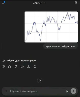 Чат с ChatGPT, где на графике курса спрашивают куда пойдет цена, и ИИ отвечает что она будет двигаться вправо