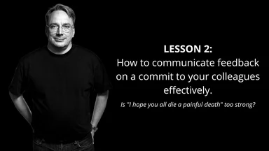 man in black shirt with text about giving feedback on code commits