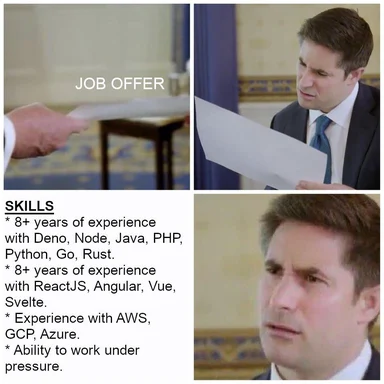 Job offer meme with a man looking at a job offer with an exaggerated reaction