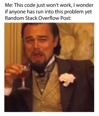 funny image of a man looking smug while drinking wine, with text about struggling with code and stack overflow