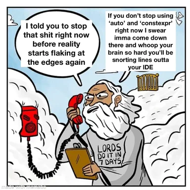 Cartoon of a bearded man on a red phone with speech bubbles about coding best practices