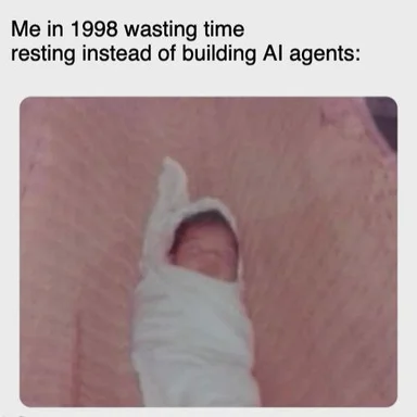 Baby swaddled and sleeping on a pink blanket with a caption about wasting time in 1998 instead of building AI agents