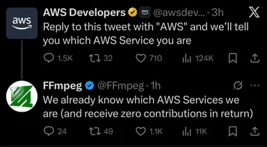 Meme of AWS Developers tweet and FFmpeg response about AWS services