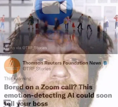 man with a blue play button on his head surrounded by people on a zoom call