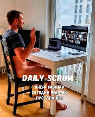 Daily scrum meme with a man in a compromising position on a video call