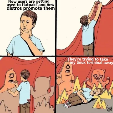 Cartoon man reacts to new users getting used to flatpaks and new distros promoting them