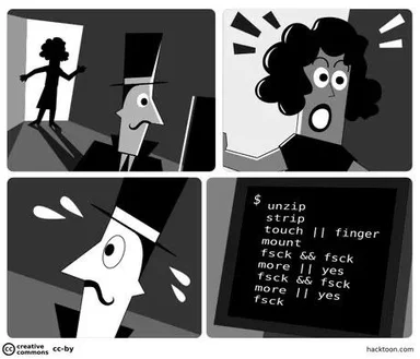 Comic strip of a man and woman reacting to a terminal command error