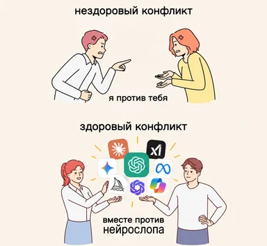 Две панели: сверху два человека указывают пальцами друг на друга в «нездоровом конфликте», снизу они вместе смотрят на