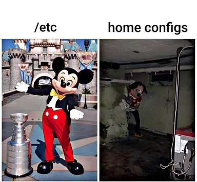 mickey mouse in disneyland next to a trophy and a dirty mickey mouse in a basement