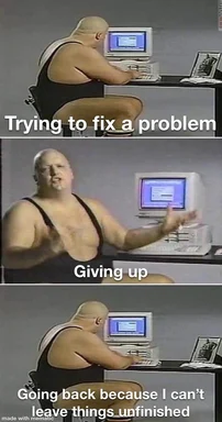 bald man in black singlet sitting at computer, struggling with coding problem