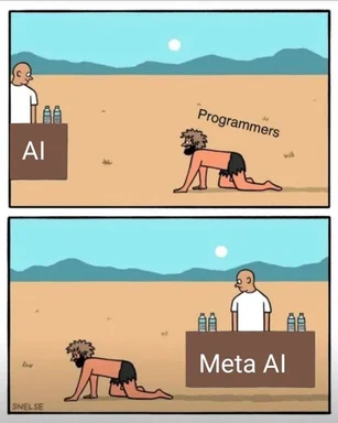 Comic strip showing a caveman labeled 'Programmers' crawling toward a man labeled 'AI' with water, then crawling past a man labeled 'Meta AI' with water.