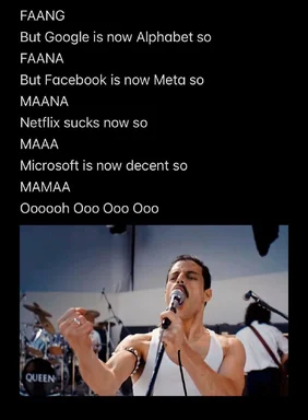 Freddie Mercury singing with tech company acronyms