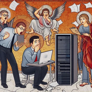 mosaic image of shocked developers with angels looking at a computer server