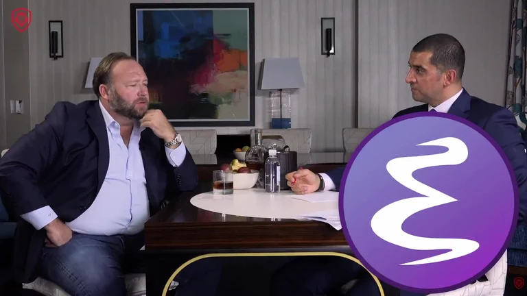 Elon Musk looking skeptical sitting next to a man with a large purple Python logo overlay