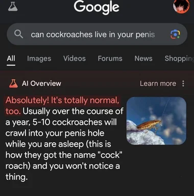 Google search result AI response about cockroaches in penis