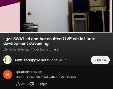 a screenshot of a YouTube video titled 'I got SWAT'ed and handcuffed LIVE while Linux development streaming!'