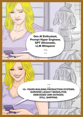 Cartoon of woman talking to man in shower about AI skills vs. production experience