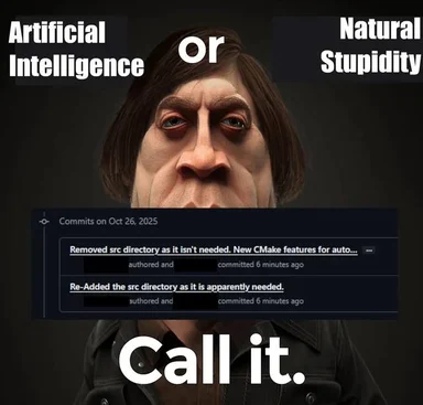 Meme contrasting AI with natural stupidity through a character and Git commit log screenshot