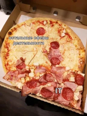 Pizza with two different toppings, one side plain and the other with ham and pepperoni, in a cardboard box with Russian text overlay
