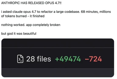 An image of a humorous text about Claude Opus 4.7 refactoring a codebase.